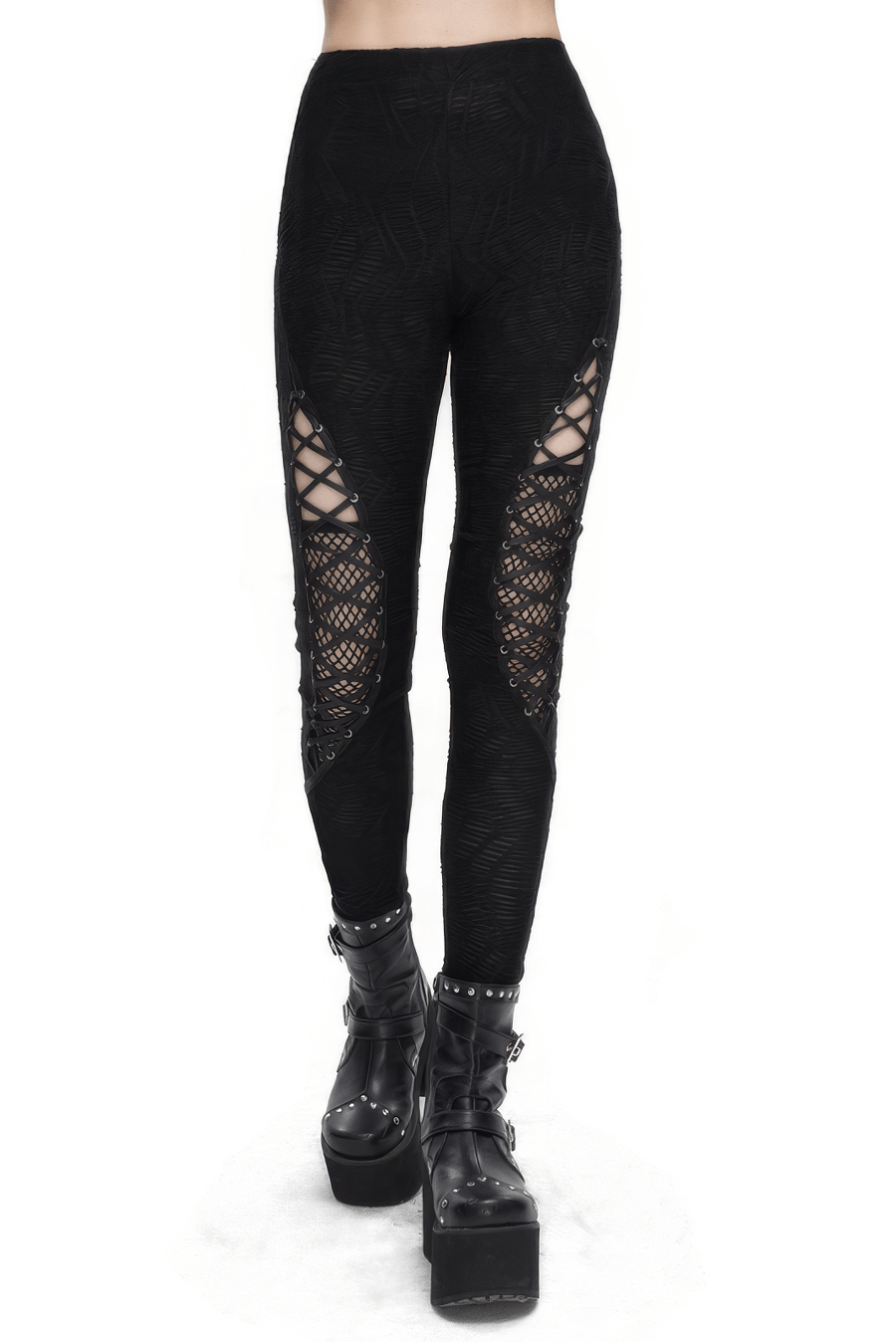 Gothic Hollow Out Lace-Up Leggings With Mesh Patchwork
