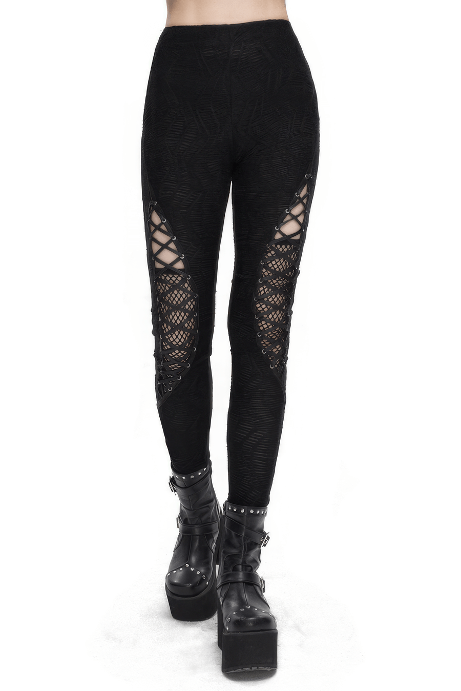 Gothic lace-up leggings with mesh patchwork, perfect for bold and stylish women who love dark elegance.
