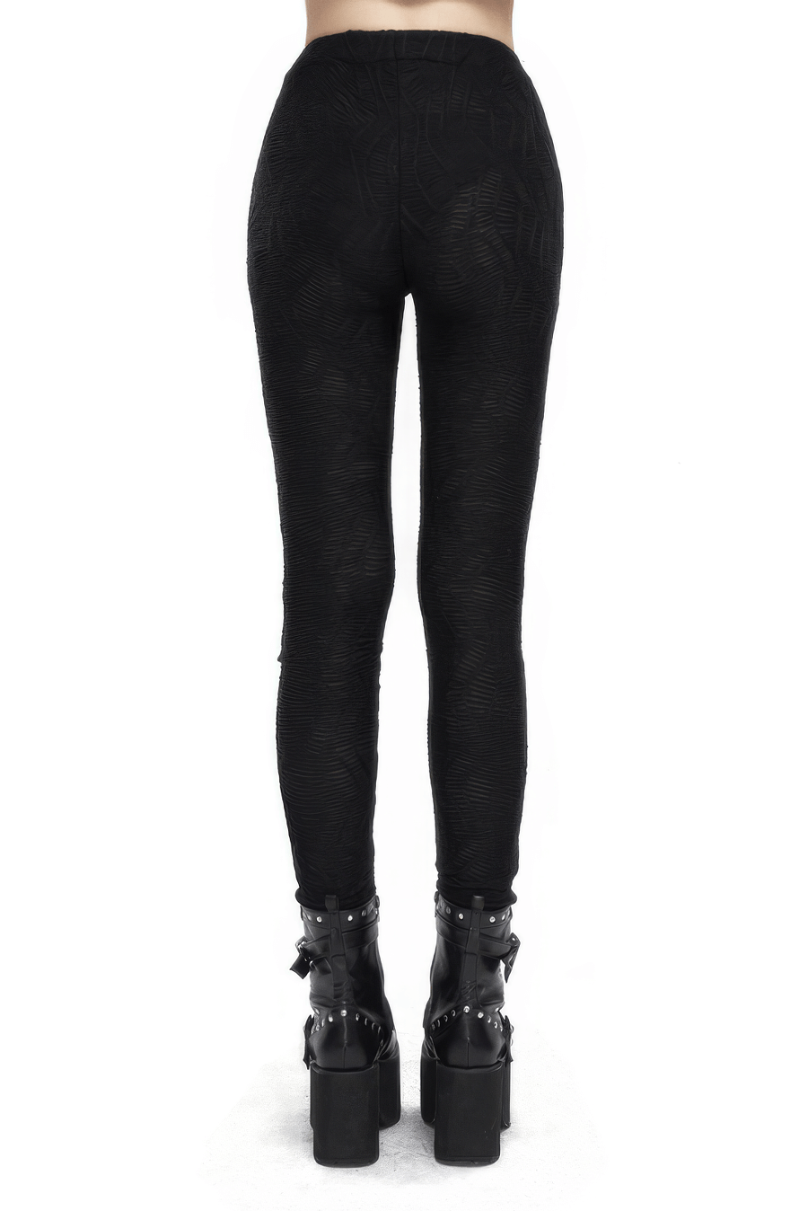Back view of Gothic lace-up leggings with edgy texture and stylish boots for a bold fashion statement.