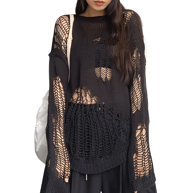 Gothic Hollow Out Oversized Knitted Sweater / Grunge Long Sleeves See-Through Pullovers - HARD'N'HEAVY