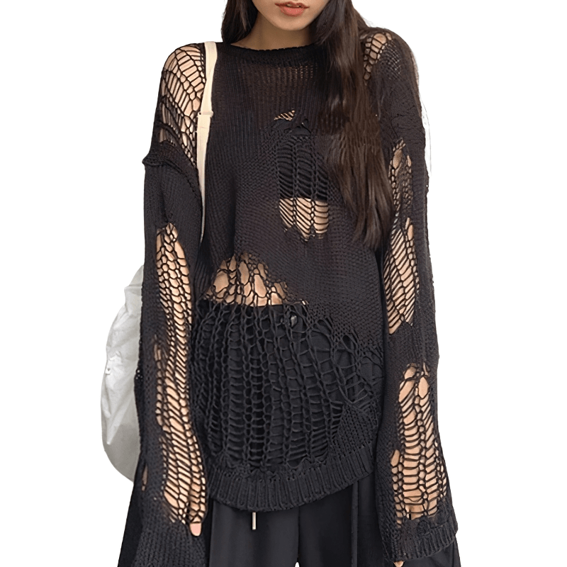 Gothic oversized knitted sweater with hollow-out design, featuring long sleeves and a grunge aesthetic.