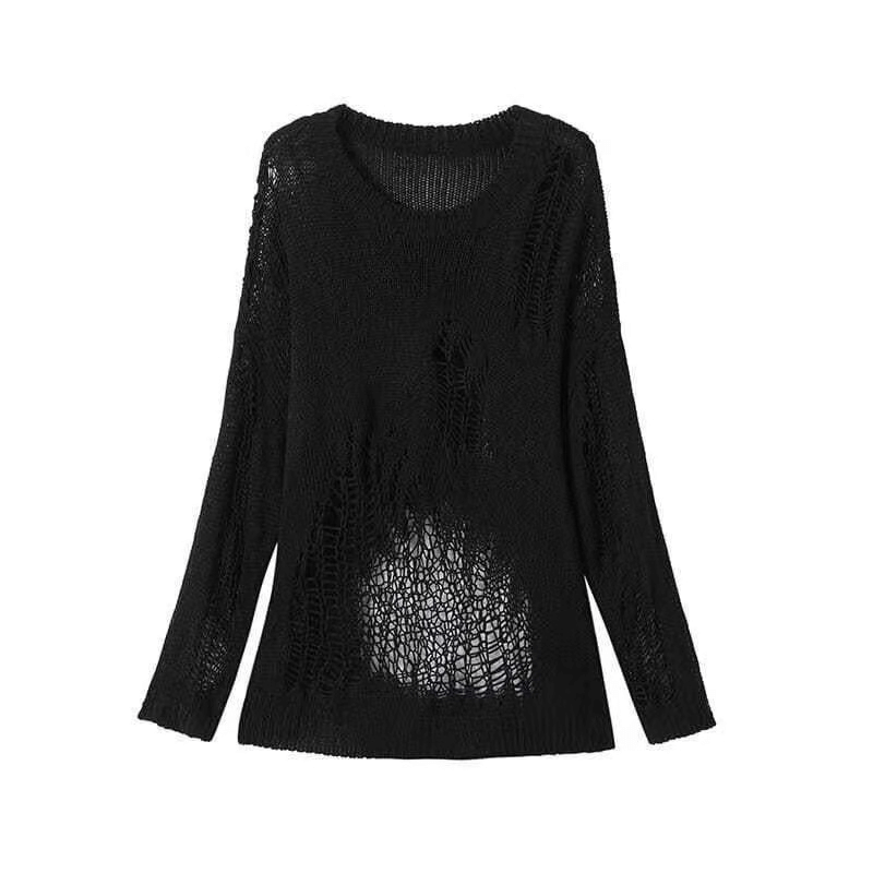 Gothic oversized knitted sweater with hollow-out design and long sleeves in black.
