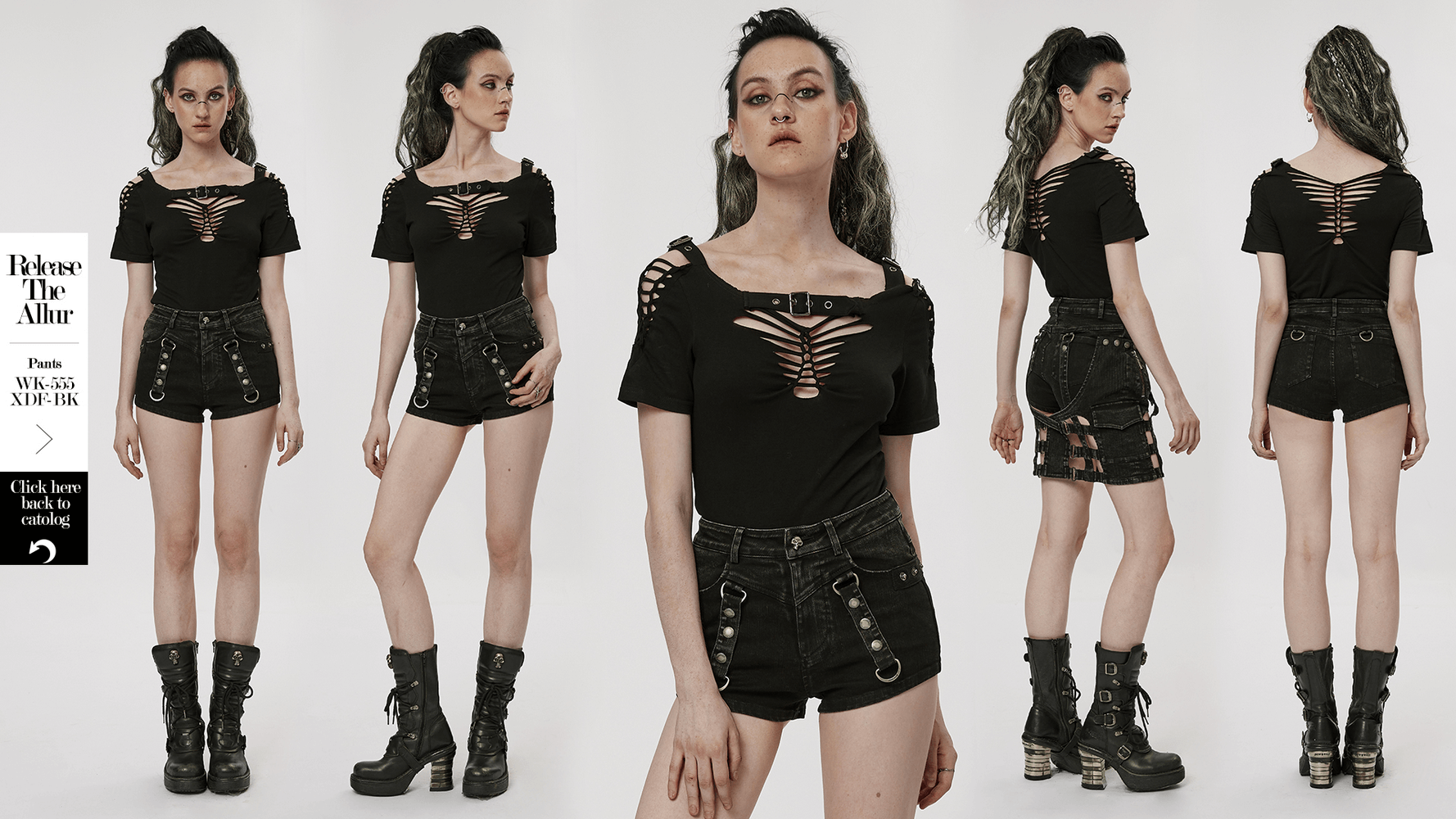 Gothic hollow-out woven t-shirt showcased on model with punk style, paired with black shorts and bold platform boots.