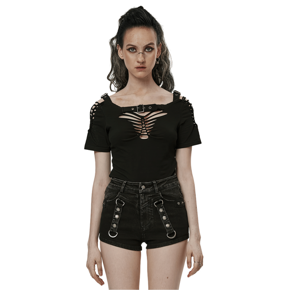 Gothic hollow-out woven T-shirt featuring bold cutouts and adjustable loops, perfect for punk streetwear style.