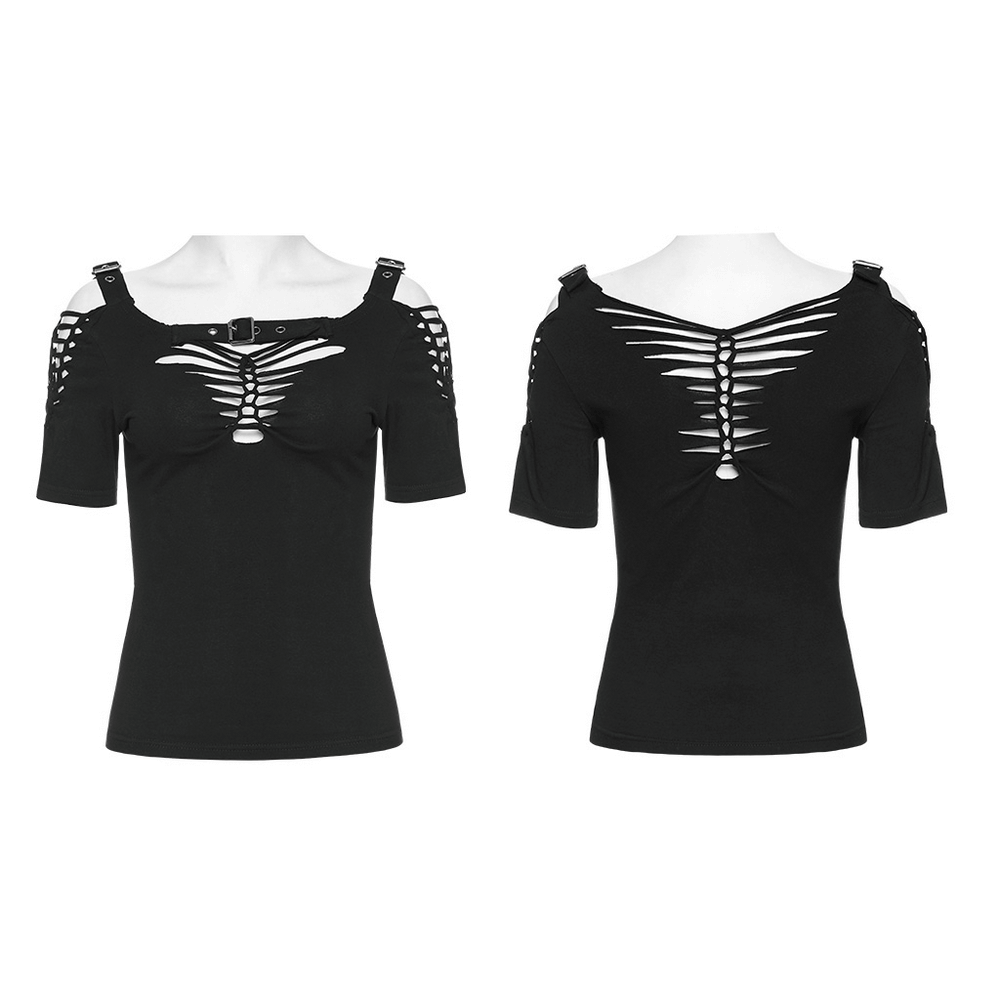 Gothic hollow-out woven t-shirt with bold cutouts and backless design, perfect for punk streetwear style.