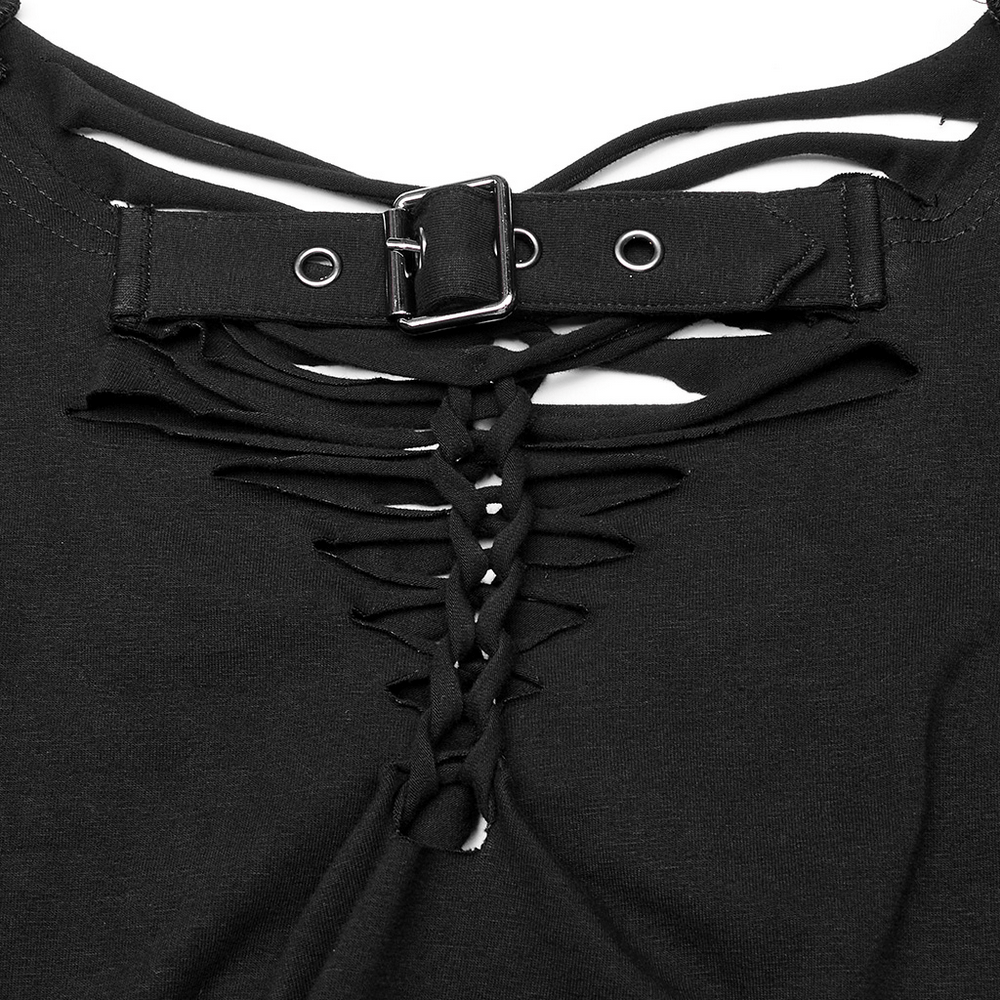 Close-up of Gothic woven t-shirt showing bold cutouts and adjustable buckle detail for a punk streetwear style.