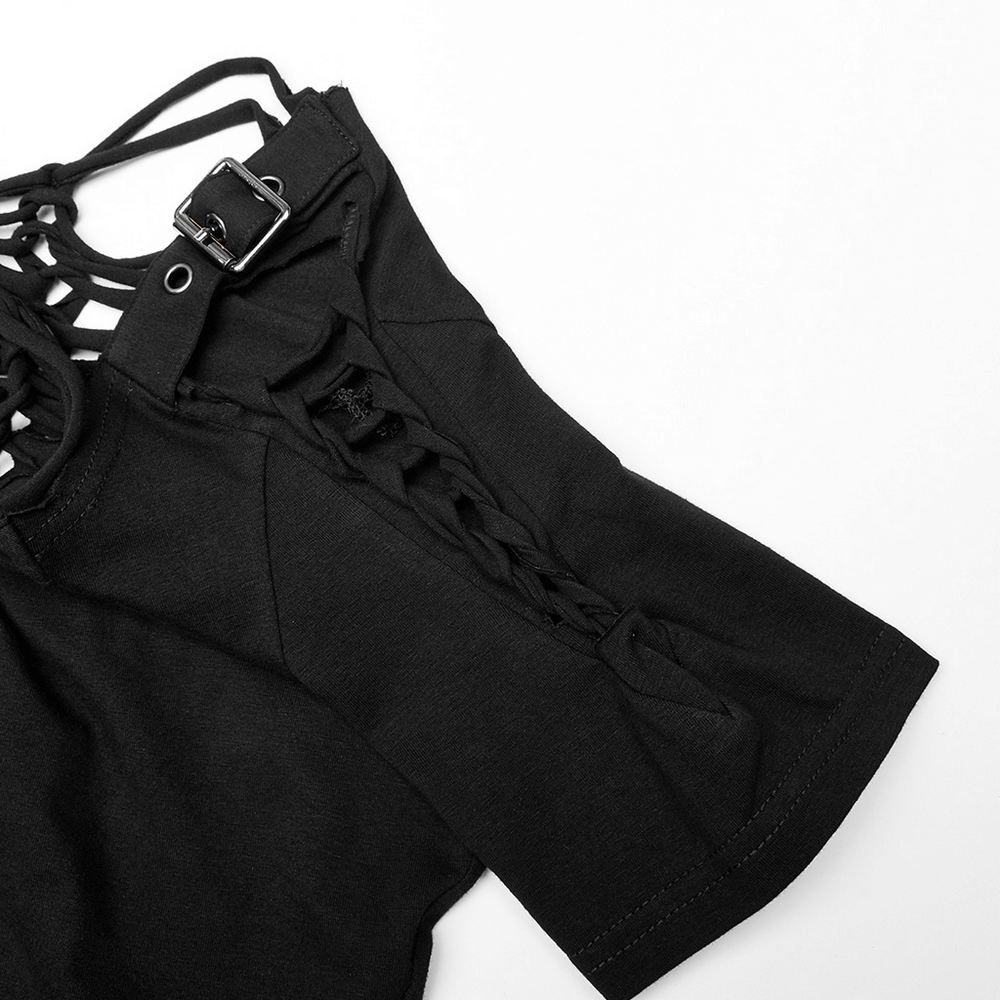 Close-up of Gothic hollow-out woven T-shirt showcasing intricate back design and adjustable buckle details.