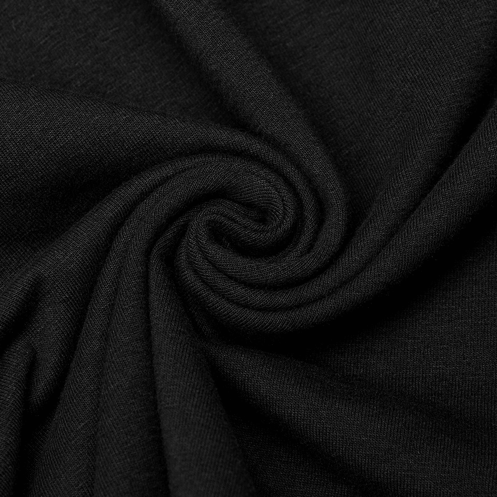 Close-up of stretchy black fabric showcasing its soft and smooth texture, perfect for gothic streetwear t-shirts.