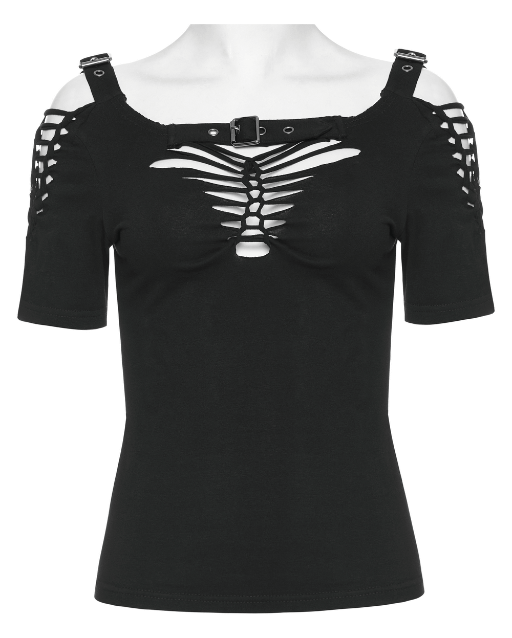 Gothic hollow-out woven T-shirt featuring bold cutouts and adjustable straps for a punk streetwear look.