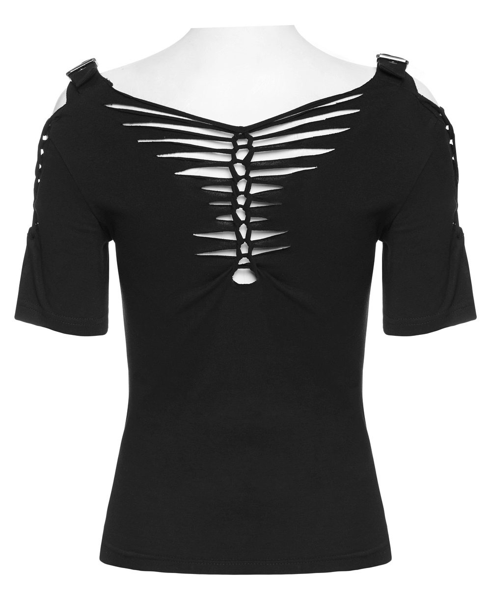 Gothic hollow-out woven T-shirt showcasing daring cutouts and adjustable straps, perfect for punk streetwear style.