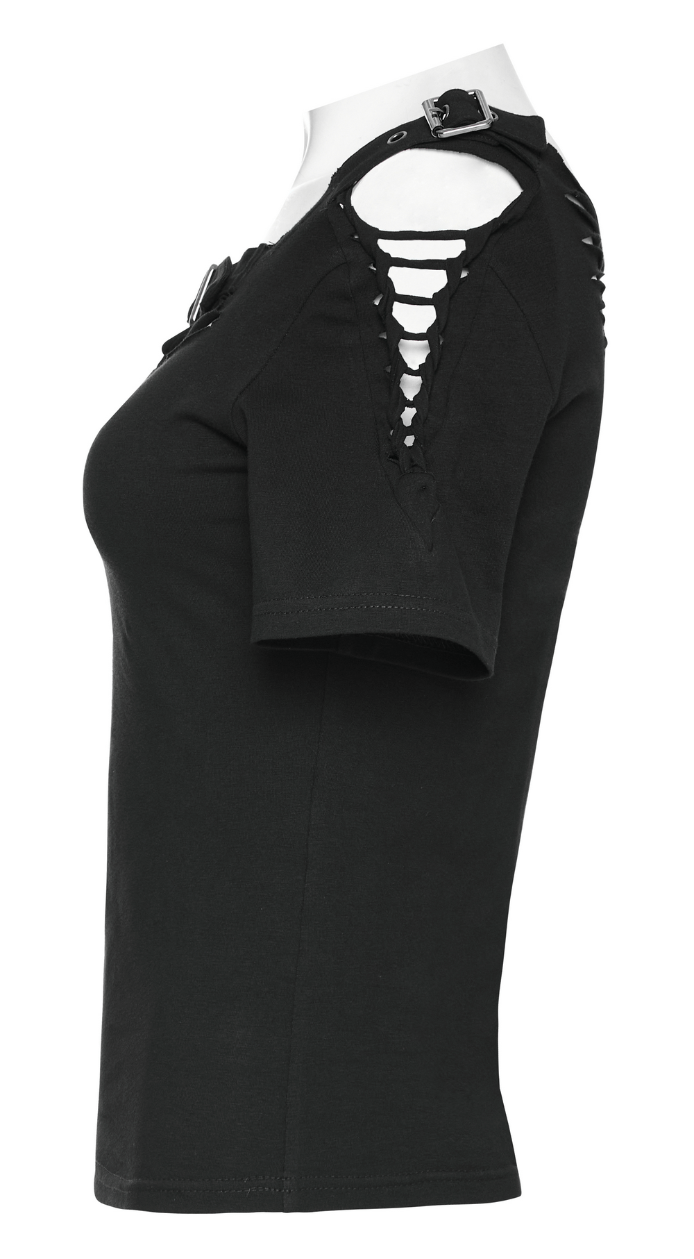 Gothic hollow-out woven t-shirt showcasing unique cutouts and adjustable straps for a punk streetwear style.