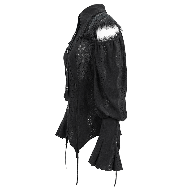 Gothic black blouse with hollowed-out long lantern sleeves and lace-up back, perfect for a vintage style.
