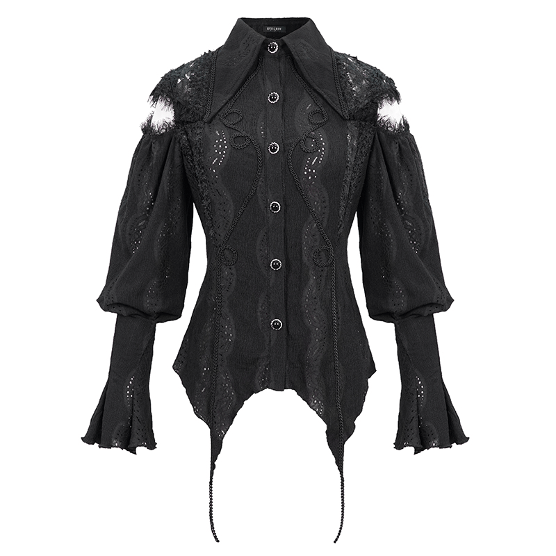 Gothic hollowed-out black blouse with lantern sleeves and lace detailing, perfect for a retro-inspired wardrobe.