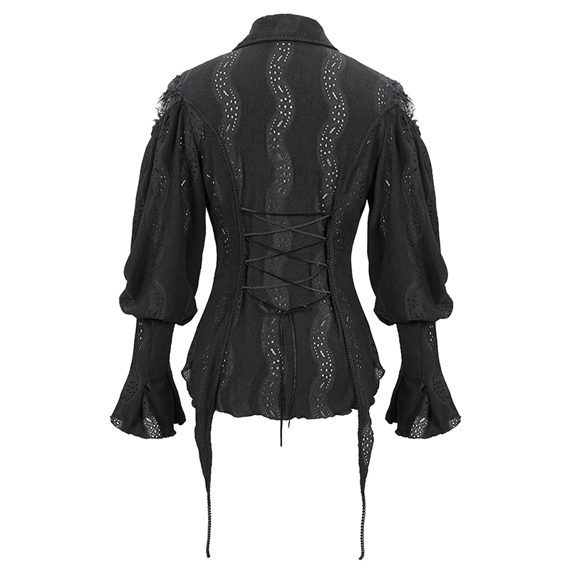 Back view of a black gothic blouse with long lantern sleeves and lace-up detail, perfect for a vintage-inspired look.