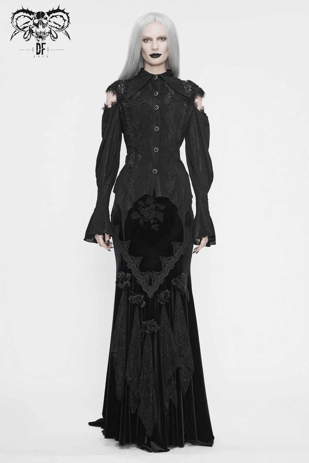 Gothic-inspired long black dress with lantern sleeves, lace details, and elegant vintage cut, perfect for a unique style.