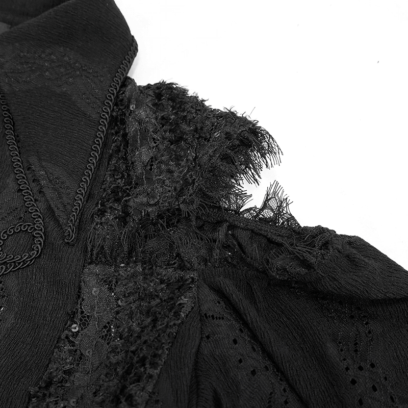 Close-up of Gothic black blouse showcasing lace details and lantern sleeves for a vintage look.
