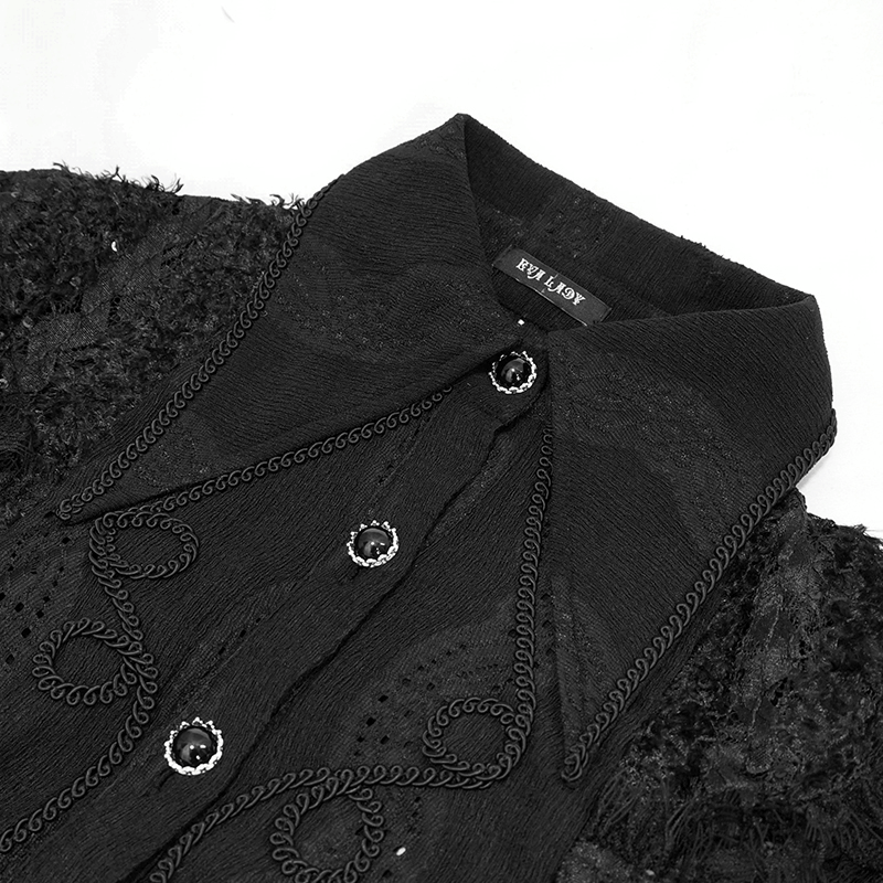 Close-up of a gothic black blouse with intricate lace details and elegant buttons, showcasing its unique style.