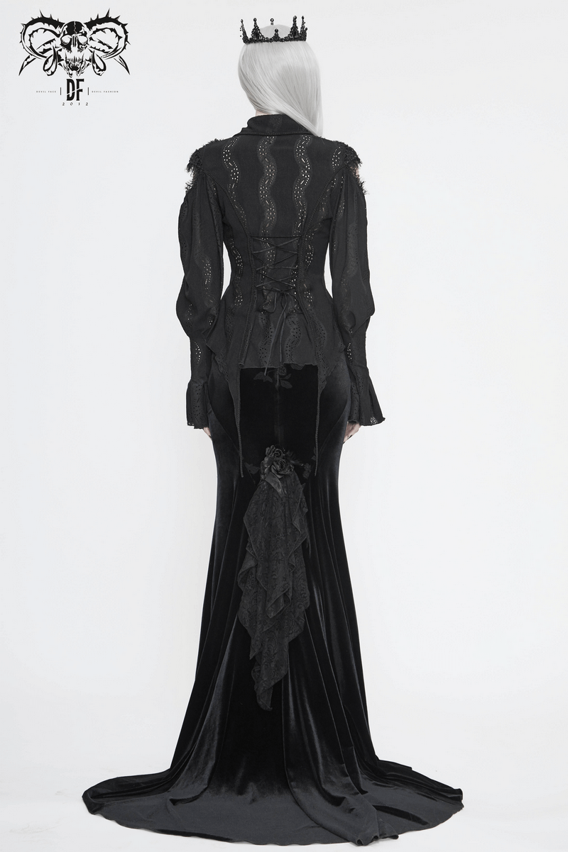 Back view of a stunning gothic black blouse with lantern sleeves and lace detailing, ideal for a vintage look.