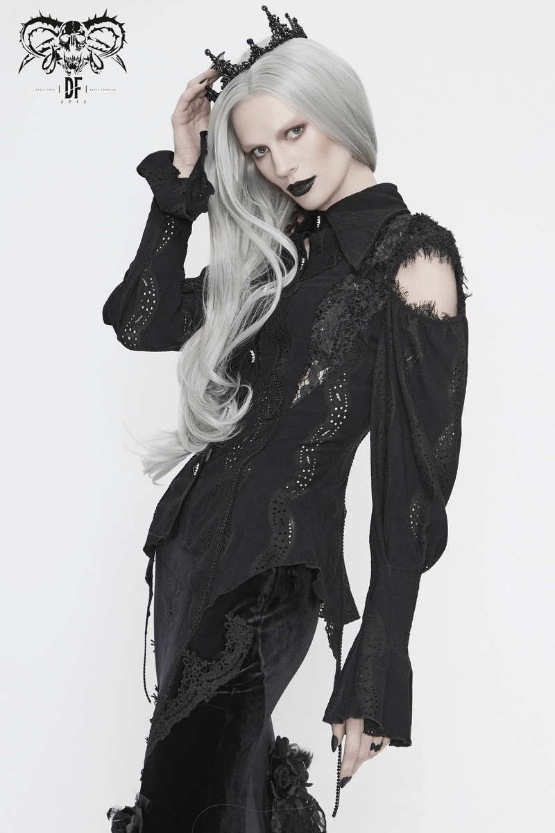 Gothic women's blouse with lantern sleeves, lace details, and a stylish back drawstring, perfect for a vintage look.