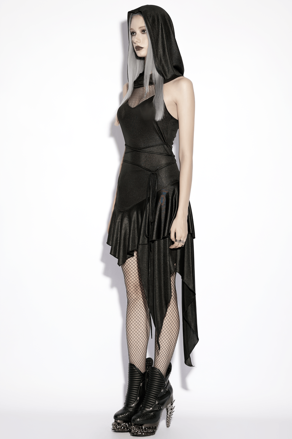 Gothic Hooded Asymmetric Mesh Dress for Women showcased on model, featuring sleek design with fishnet panel and edgy silhouette.