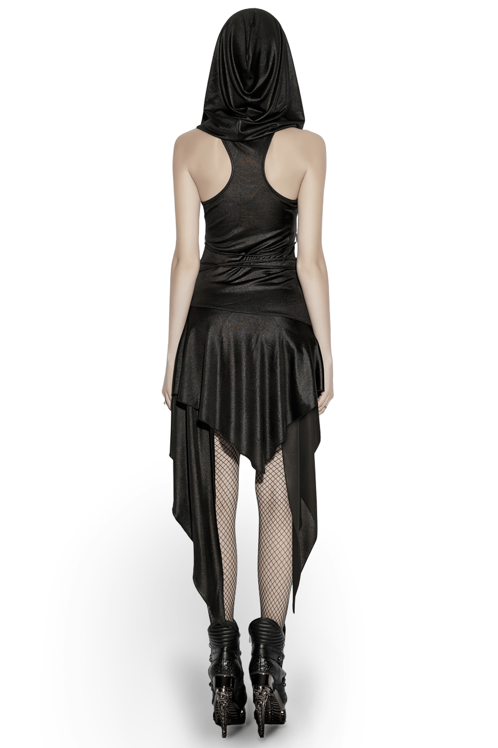 Gothic Hooded Asymmetric Mesh Dress for Women showing back view with draped hem and fishnet tights.