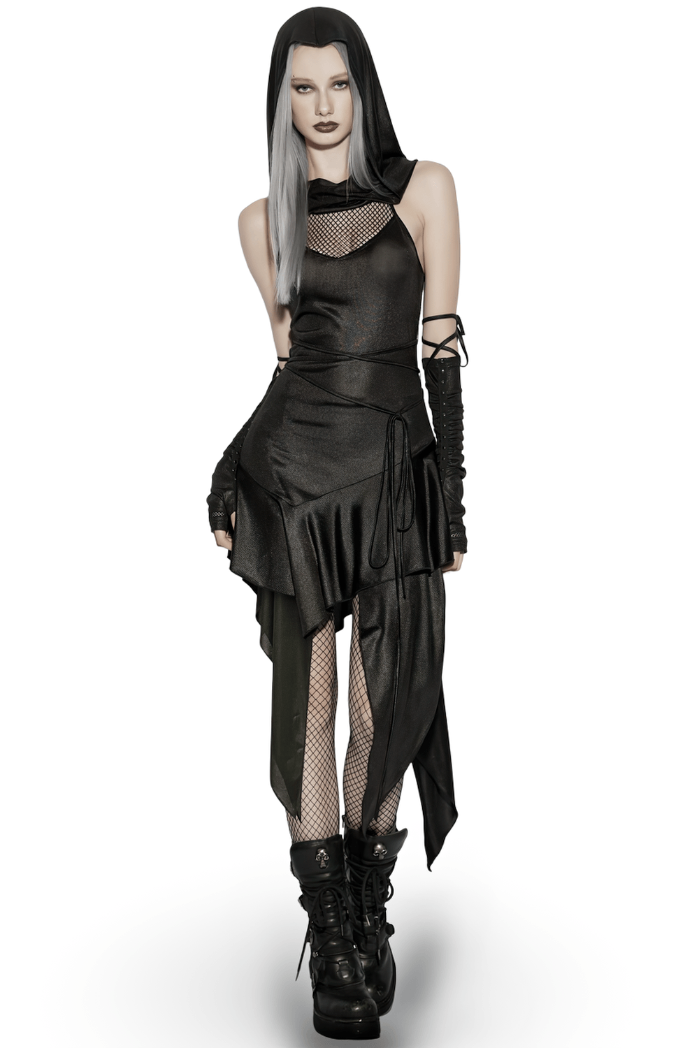 Gothic Hooded Asymmetric Mesh Dress for Women modeled with edgy details and dramatic silhouette.
