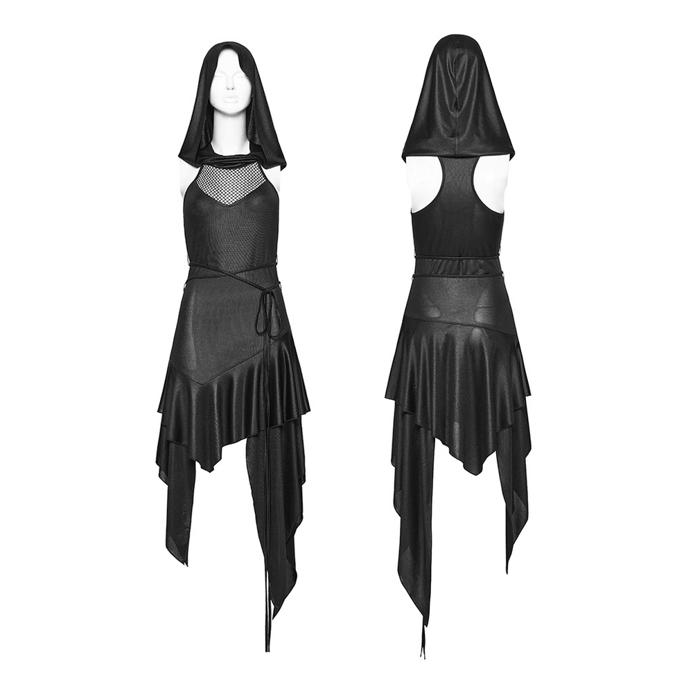 Gothic Hooded Asymmetric Mesh Dress for Women featuring fishnet chest panel and draped hem.