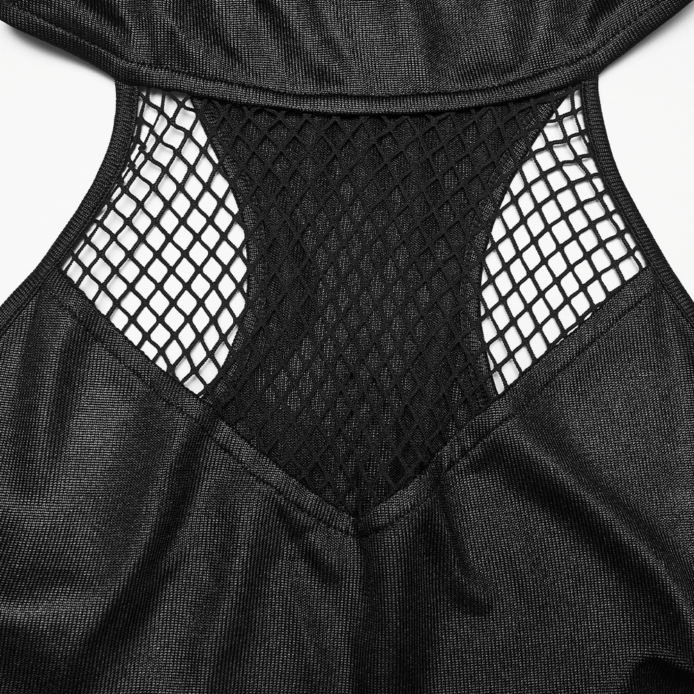 Gothic Hooded Asymmetric Mesh Dress for Women highlighting the fishnet chest panel and sleek black fabric.