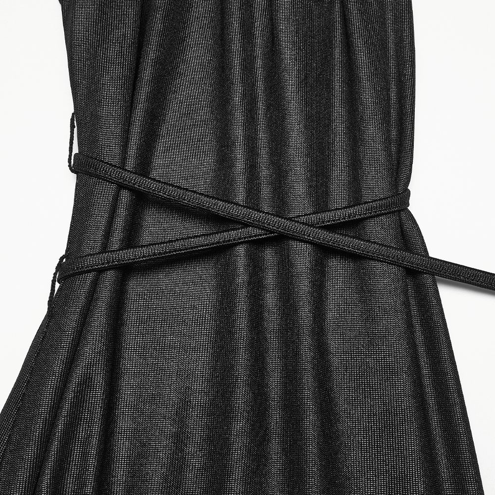 Gothic Hooded Asymmetric Mesh Dress for Women showcasing the textured black fabric and intricate waist detailing.