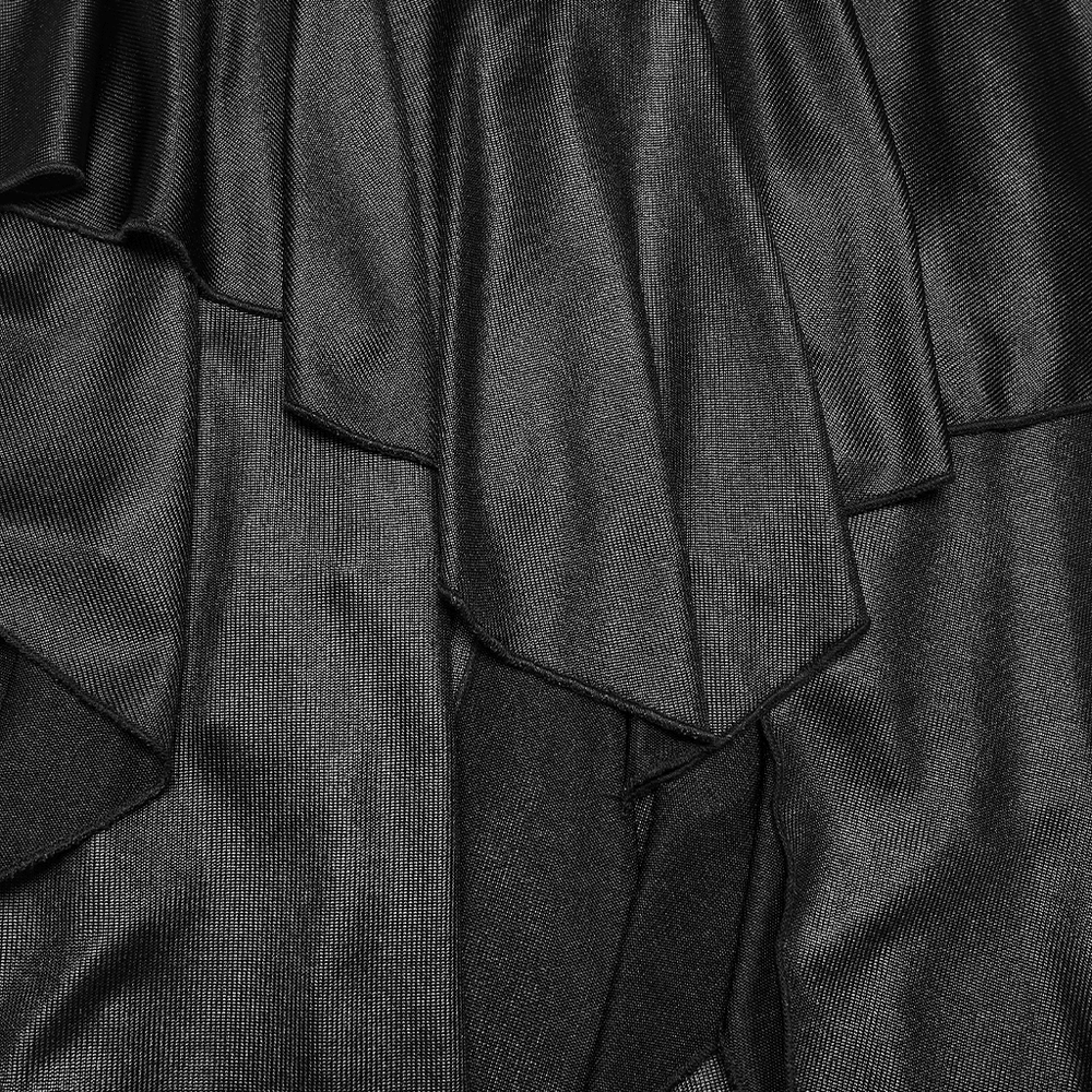 Close-up of the flowy layered fabric of the Gothic Hooded Asymmetric Mesh Dress for Women.