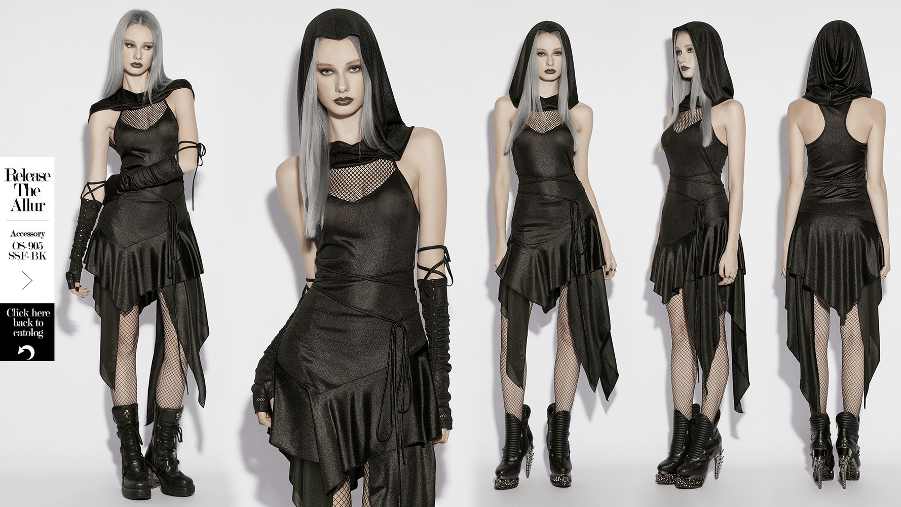 Gothic Hooded Asymmetric Mesh Dress for Women showcased from multiple angles on a model with edgy styling.