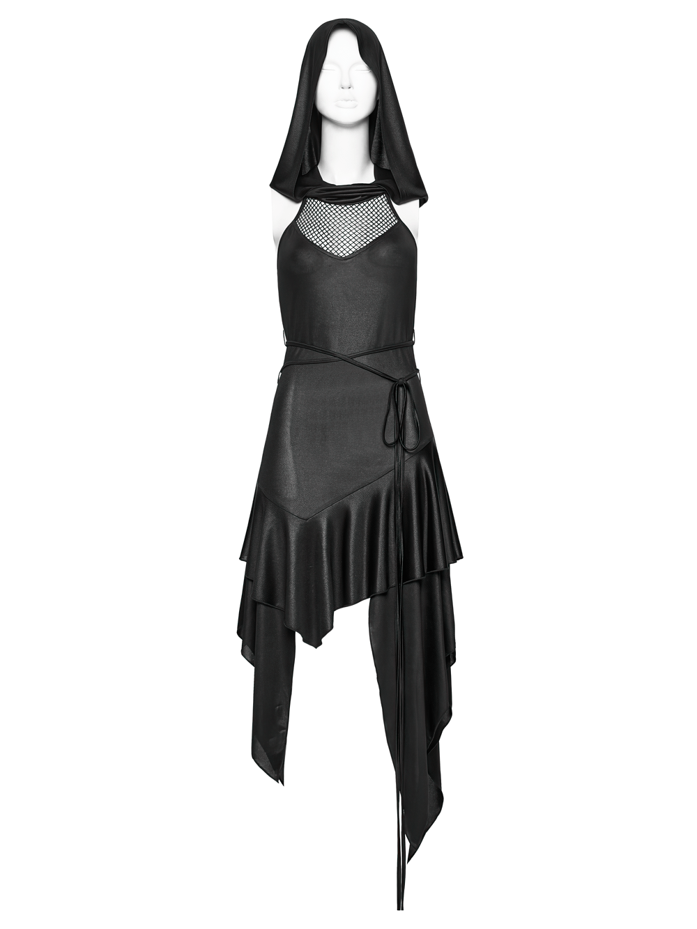 Gothic Hooded Asymmetric Mesh Dress for Women displayed on a mannequin, featuring a sleek hood and layered skirt.