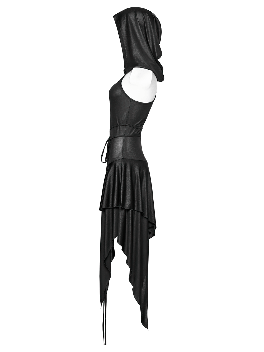 Gothic Hooded Asymmetric Mesh Dress for Women showcased on a mannequin, highlighting its sleek hood and draped hem.