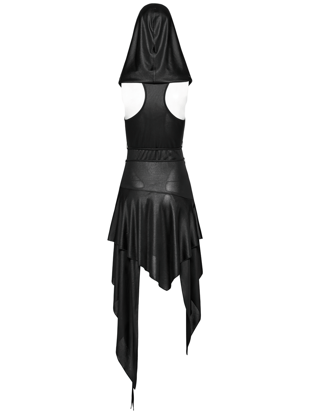 Gothic Hooded Asymmetric Mesh Dress for Women with a sleek back view showcasing the draped hem and sharp design.
