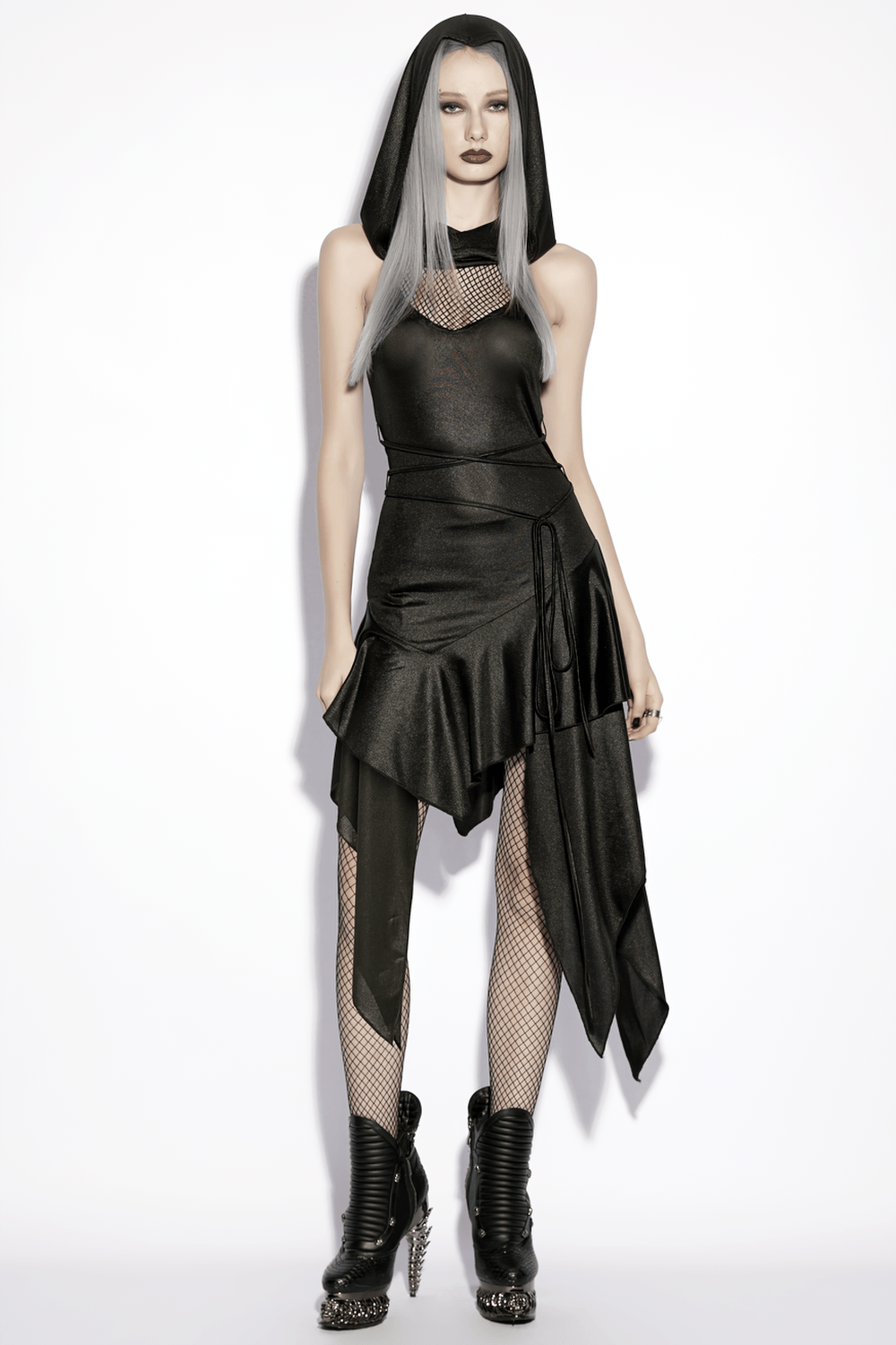 Gothic Hooded Asymmetric Mesh Dress for Women showcased on model, featuring bold design and edgy style.