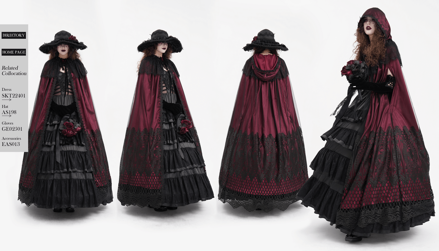 Elegant Gothic hooded cape in crimson satin with lace and mesh details, perfect for dramatic fashion and cosplay.