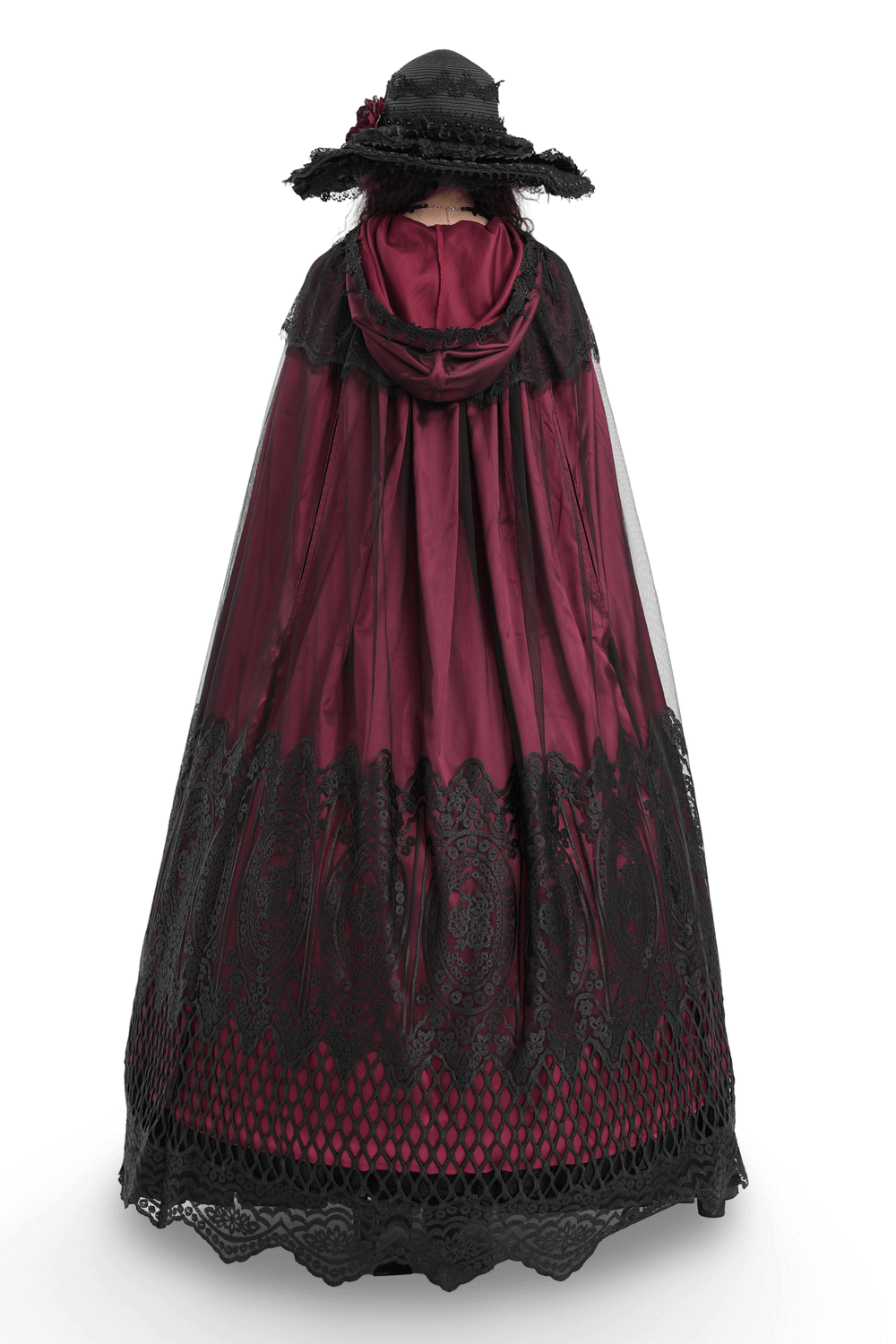 Elegant Gothic hooded cape in rich burgundy satin with lace and mesh accents, perfect for mysterious looks and dramatic events.