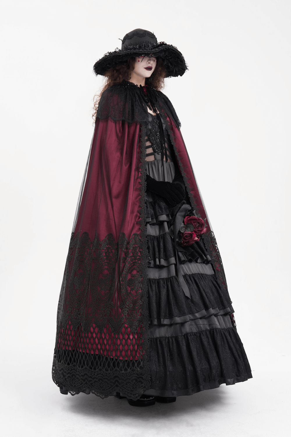 Gothic Hooded Cape with Lace and Satin Detailing