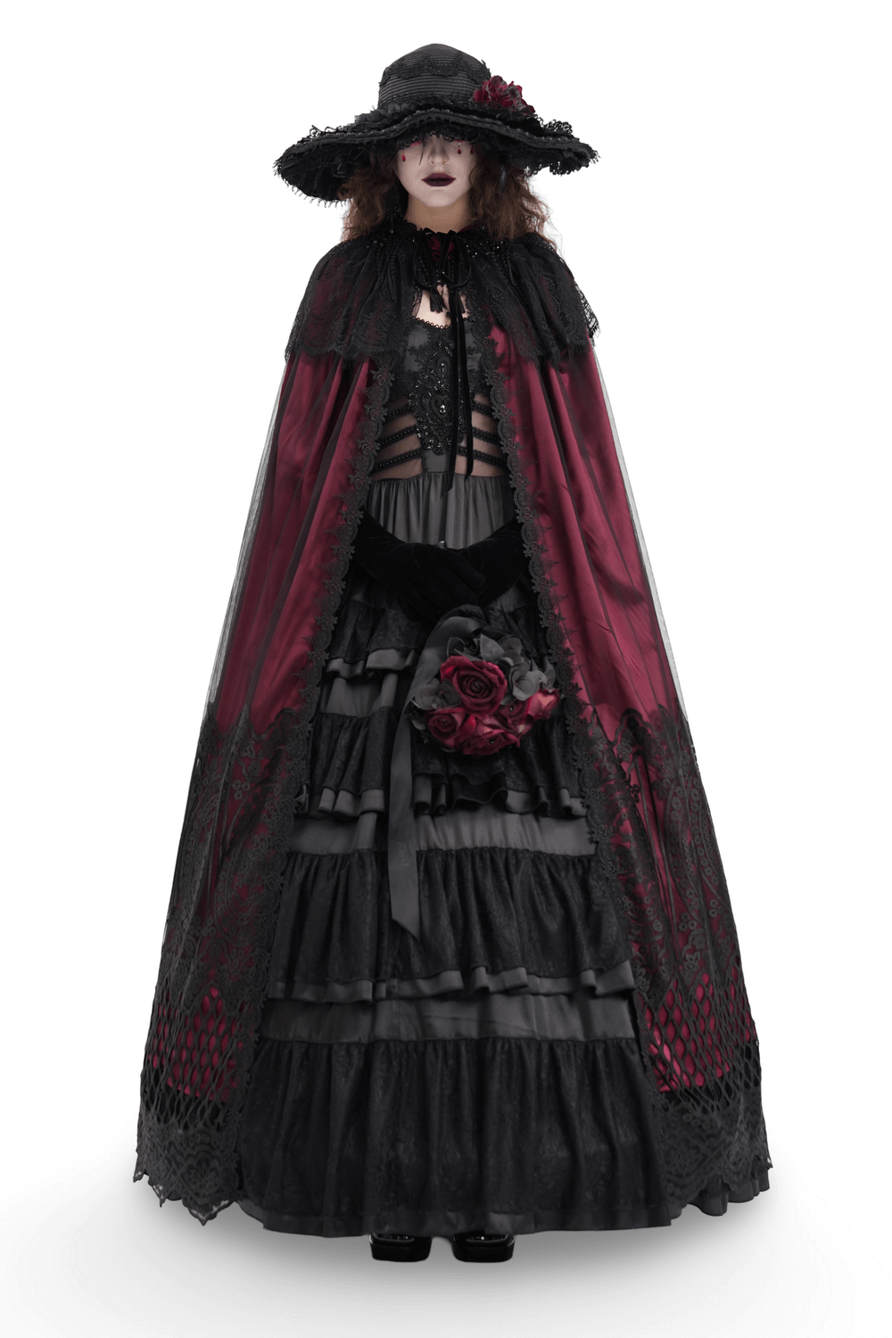 Gothic hooded cape with lace and satin detailing, complemented by a dramatic hat and rich textures for dark elegance.