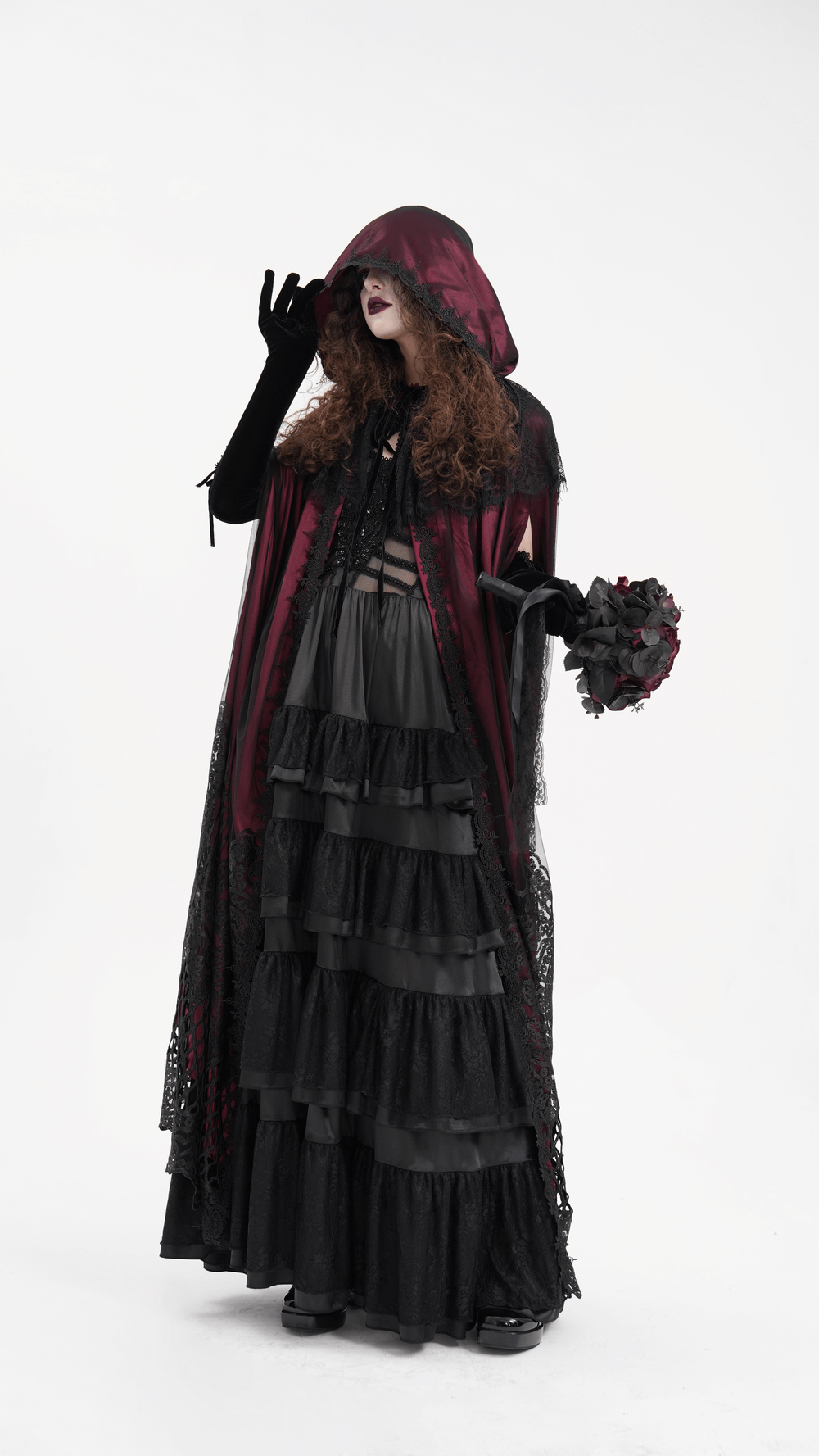 Gothic Hooded Cape with Lace and Satin Detailing