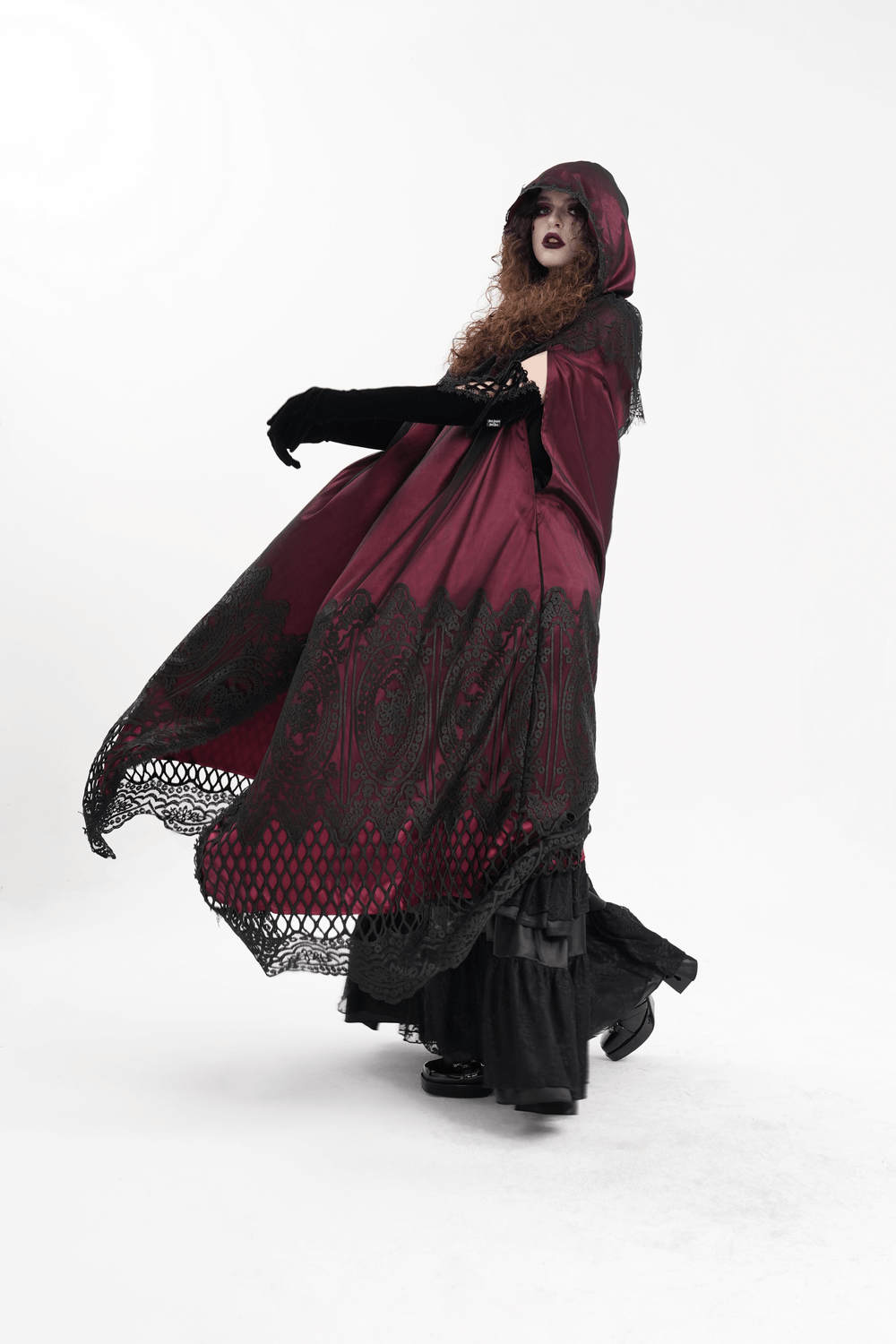 Gothic hooded cape in rich burgundy satin with intricate lace and mesh accents, perfect for dramatic gothic outfits.