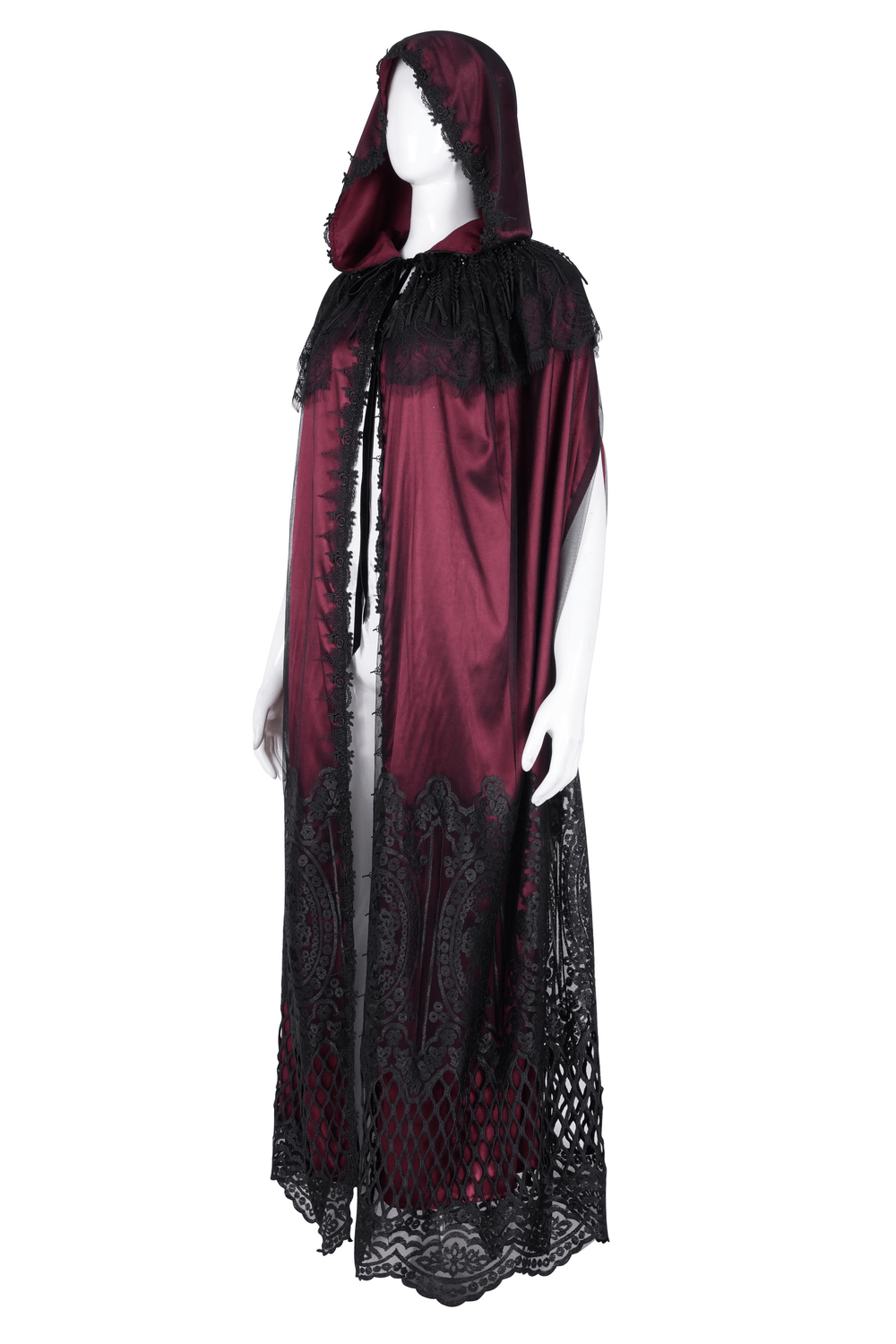 Elegant Gothic hooded cape in burgundy satin with intricate lace and mesh detailing, perfect for dramatic gothic looks.