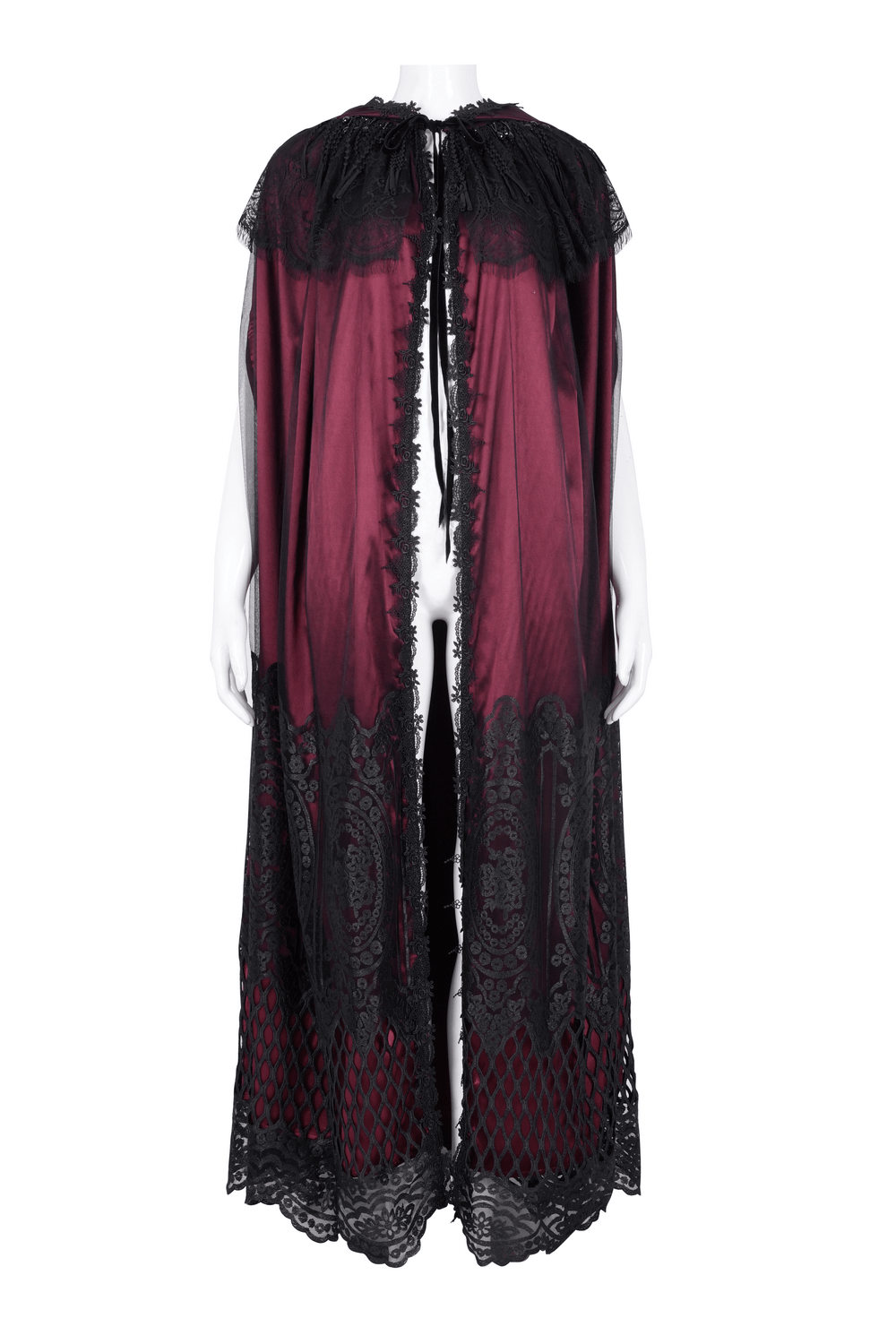 Elegant Gothic hooded cape in rich satin with lace detailing and mesh hem, perfect for dramatic looks and events.