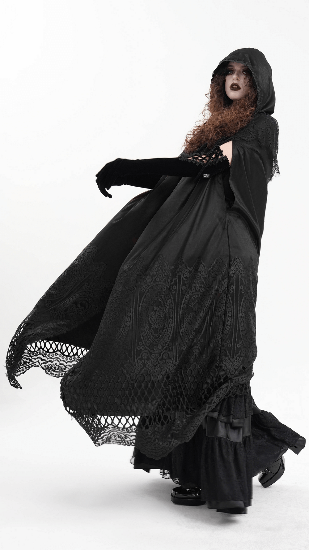 Gothic Hooded Cape with Lace Embroidery and Mesh Details