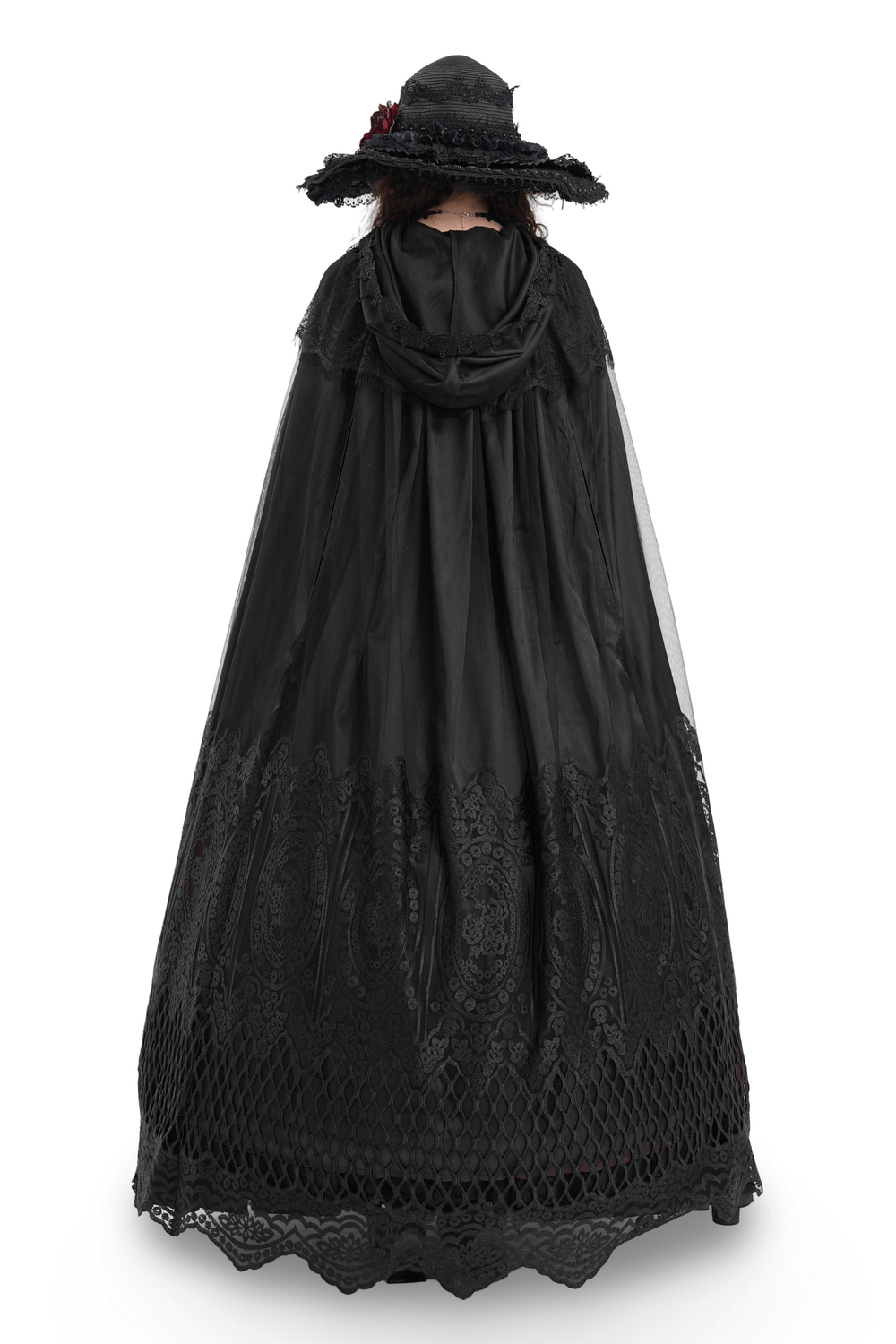 Gothic Hooded Cape with Lace Embroidery and Mesh Details