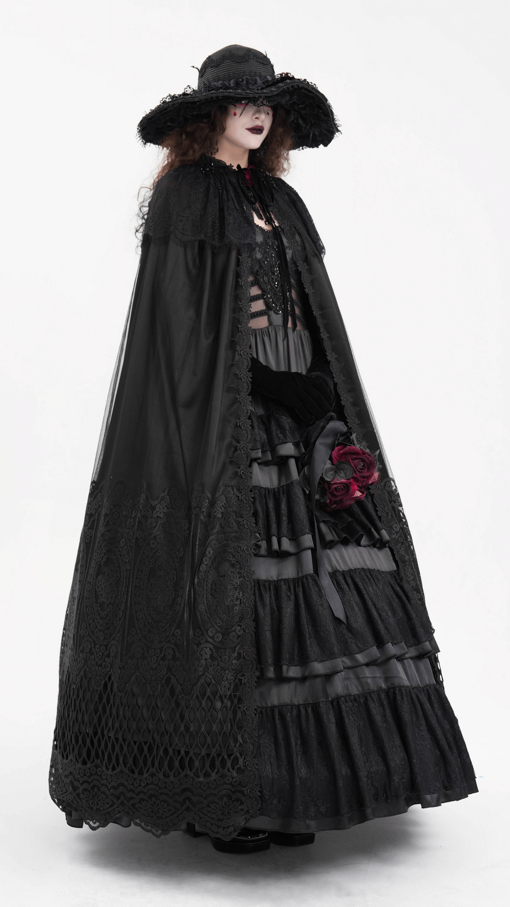 Elegant black gothic hooded cape with lace embroidery and mesh details, perfect for dramatic events and cosplay.