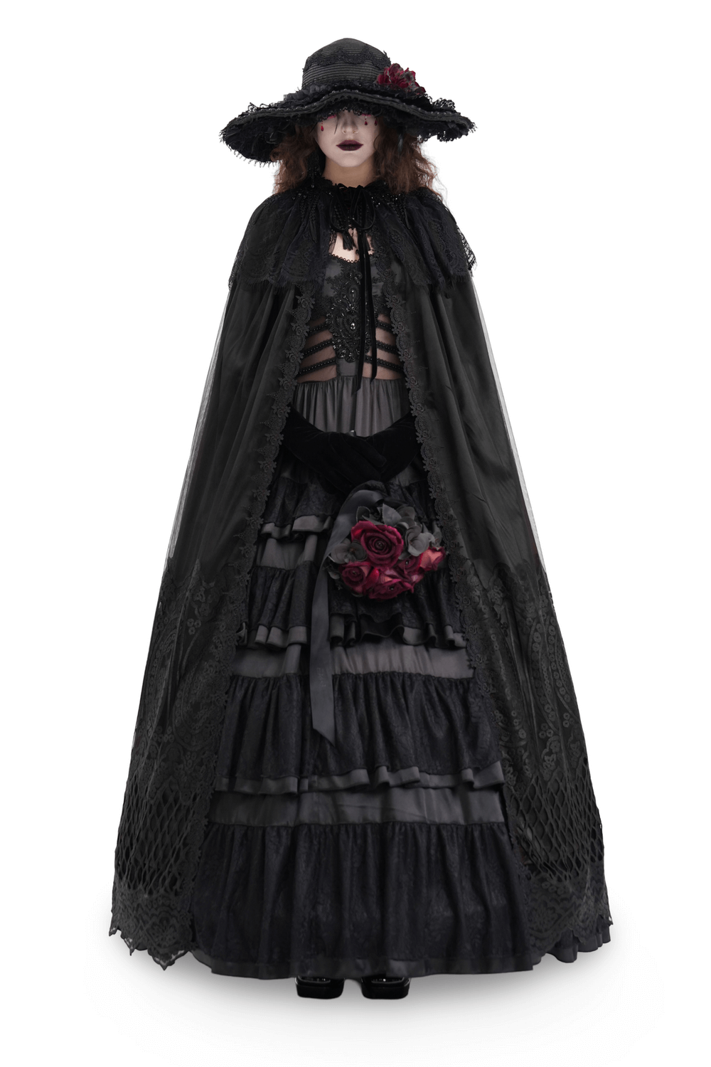 Elegant gothic hooded cape with lace embroidery and mesh, paired with a dramatic black dress and hat.