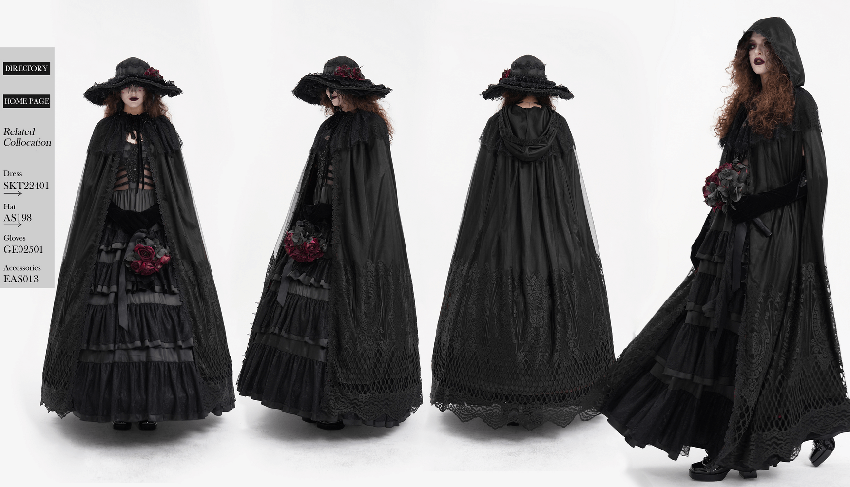 Gothic hooded cape with intricate lace embroidery and mesh details, featuring a dramatic floor-length silhouette.