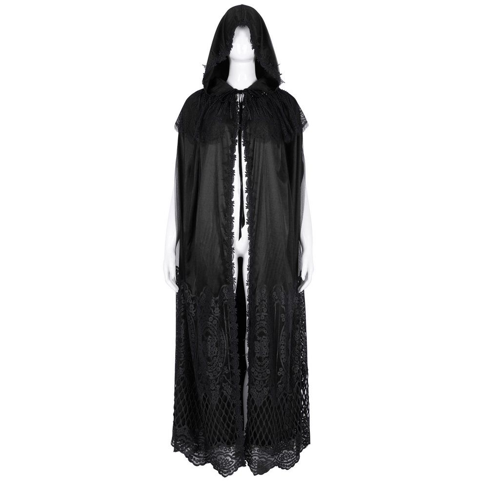 Gothic hooded cape featuring lace embroidery and mesh details for a darkly elegant, mystic look.