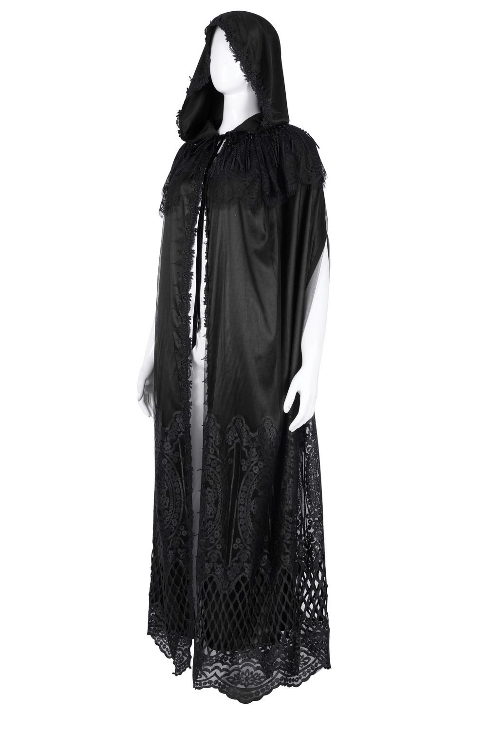 Gothic Hooded Cape with Lace Embroidery and Mesh Details